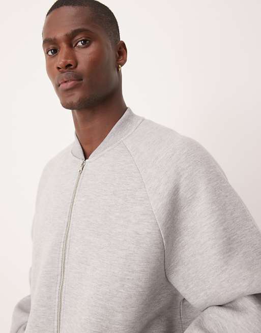 DESIGN Heavyweight Relaxed Bomber Jersey Jacket In Scuba-style Fabric In Grey Marl