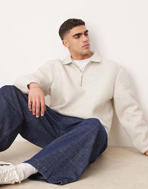 DESIGN heavyweight relaxed boxy quarter zip sweatshirt in scuba-style fabric in white marl