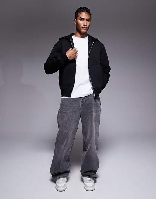 DESIGN Heavyweight Relaxed Boxy Zip Through Hoodie In Scuba-style Fabric In Black