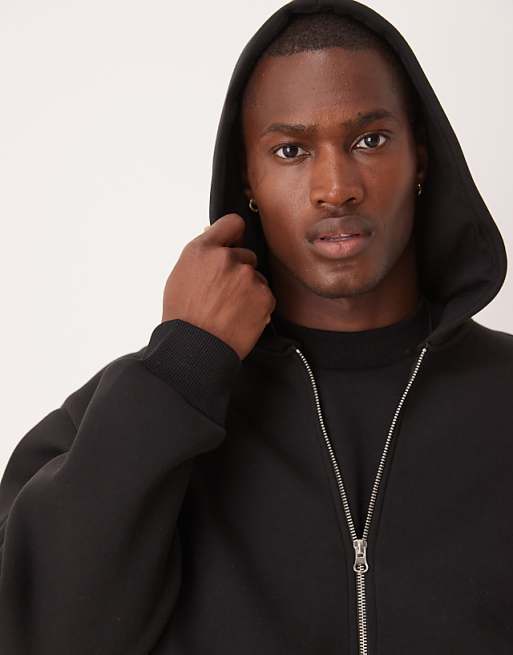 DESIGN Heavyweight Relaxed Boxy Zip Through Hoodie In Scuba-style Fabric In Black