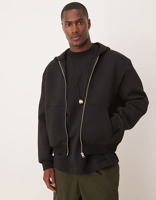 DESIGN heavyweight relaxed boxy zip through hoodie in scuba-style fabric in black