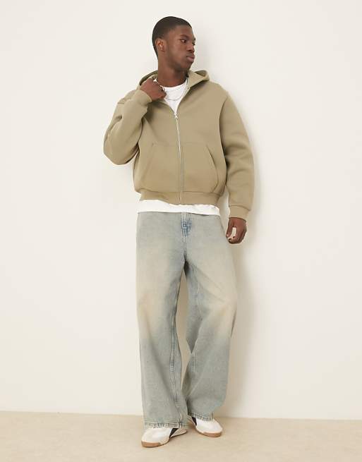 DESIGN Heavyweight Relaxed Boxy Zip Through Hoodie In Scuba-style Fabric In Khaki