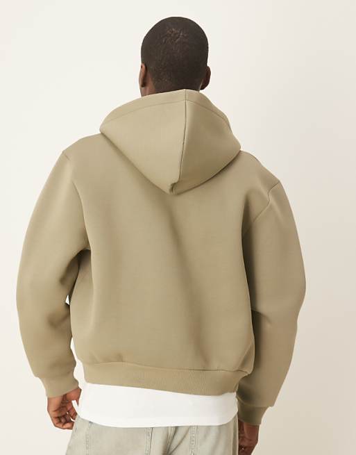 DESIGN Heavyweight Relaxed Boxy Zip Through Hoodie In Scuba-style Fabric In Khaki