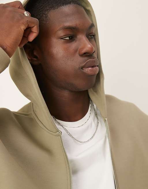 DESIGN Heavyweight Relaxed Boxy Zip Through Hoodie In Scuba-style Fabric In Khaki