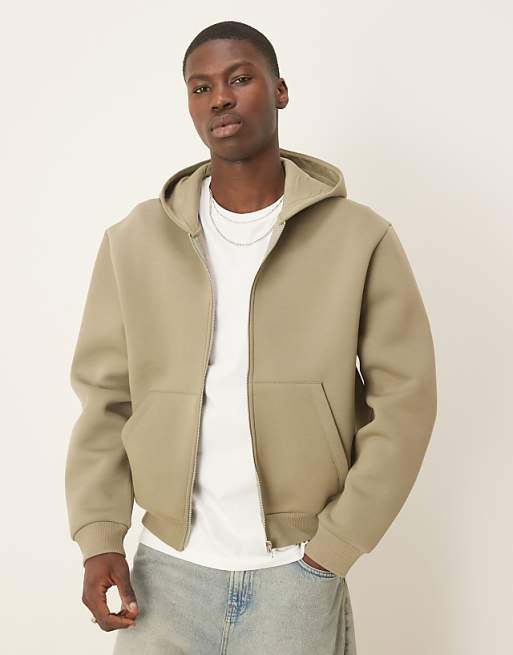 DESIGN heavyweight relaxed boxy zip through hoodie in scuba-style fabric in khaki