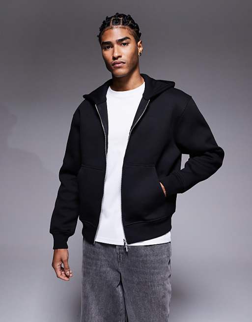 DESIGN heavyweight relaxed boxy zip through hoodie in scuba-style fabric in black