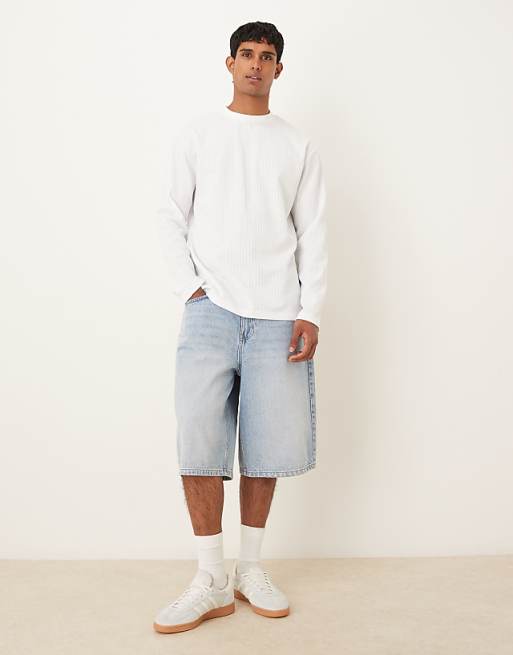 DESIGN Heavyweight Relaxed Fit Long Sleeve T-shirt In Textured Blue And Off White Stripe