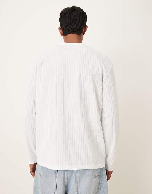 DESIGN Heavyweight Relaxed Fit Long Sleeve T-shirt In Textured Blue And Off White Stripe