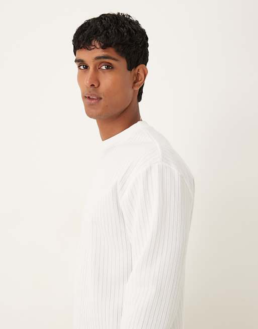 DESIGN Heavyweight Relaxed Fit Long Sleeve T-shirt In Textured Blue And Off White Stripe