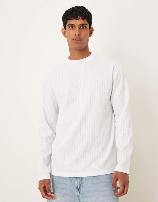 DESIGN heavyweight relaxed fit long sleeve t-shirt in textured blue and off white stripe