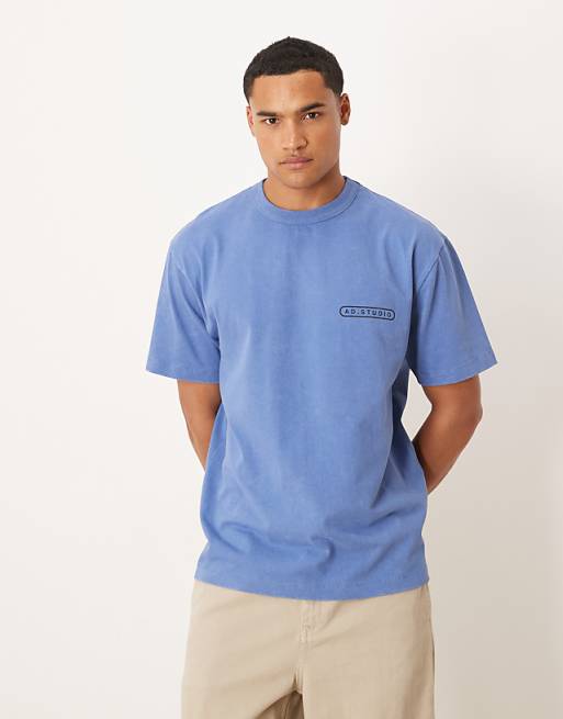 DESIGN Heavyweight Relaxed Fit T-shirt In With Dog Graphic In Washed Blue