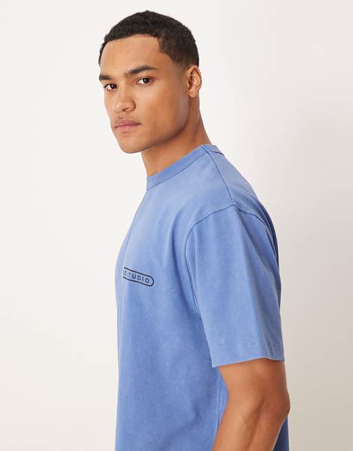 DESIGN Heavyweight Relaxed Fit T-shirt In With Dog Graphic In Washed Blue