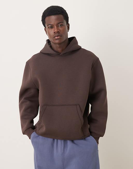 DESIGN heavyweight relaxed hoodie in scuba-style fabric in brown