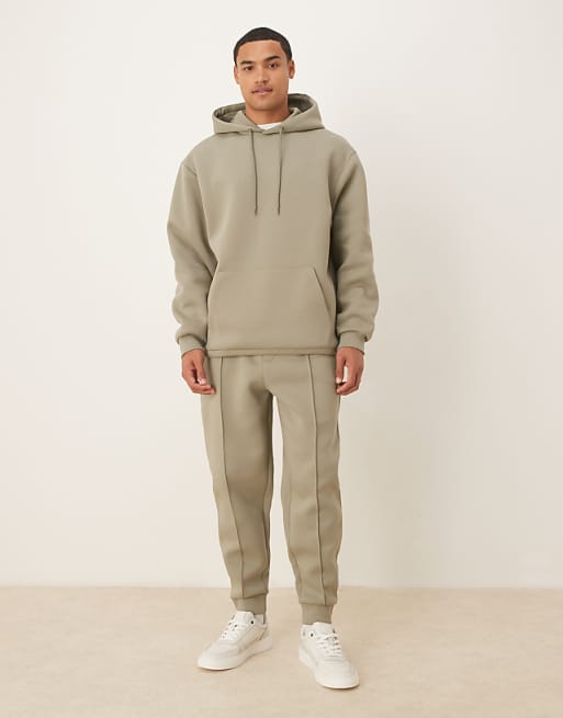 DESIGN Heavyweight Relaxed Hoodie With Fixed Hem And Drawcord In In Scuba-style Fabric In Khaki