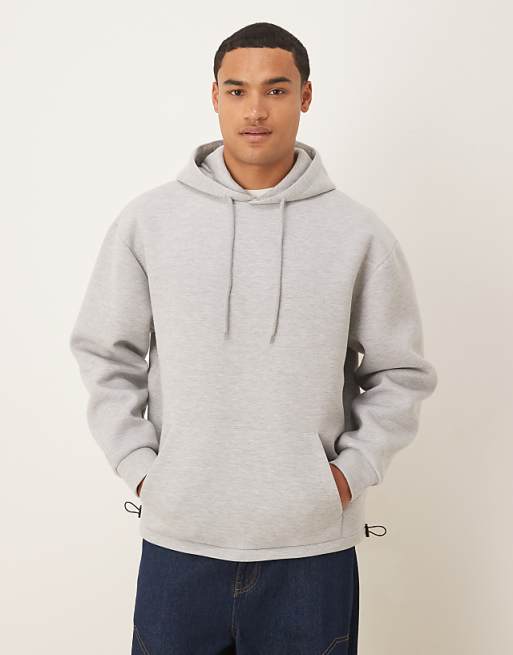 DESIGN heavyweight relaxed hoodie with fixed hem and drawcord in scuba-style fabric in grey marl