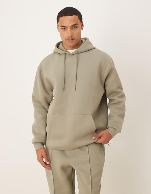 DESIGN heavyweight relaxed hoodie with fixed hem and drawcord in in scuba-style fabric in khaki
