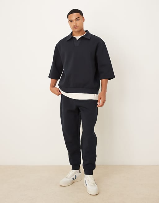 DESIGN Heavyweight Relaxed In Scuba-style Fabric Polo 3/4 Sleeve Sweatshirt In Navy