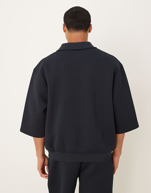 DESIGN Heavyweight Relaxed In Scuba-style Fabric Polo 3/4 Sleeve Sweatshirt In Navy