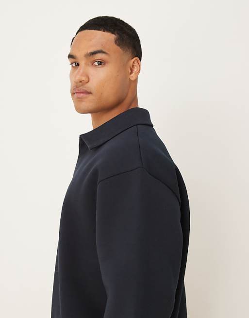 DESIGN Heavyweight Relaxed In Scuba-style Fabric Polo 3/4 Sleeve Sweatshirt In Navy
