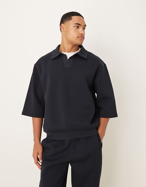 DESIGN heavyweight relaxed in scuba-style fabric polo 3/4 sleeve sweatshirt in navy