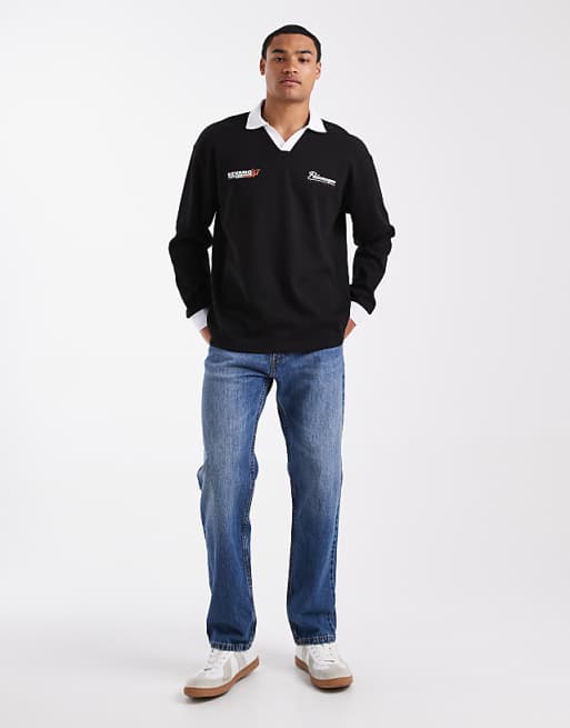 DESIGN Heavyweight Relaxed Long Sleeve Polo With Text Graphic In Black Waffle