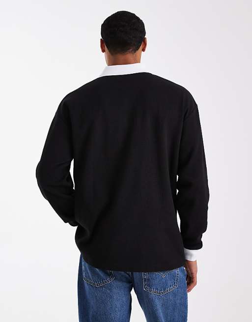 DESIGN Heavyweight Relaxed Long Sleeve Polo With Text Graphic In Black Waffle