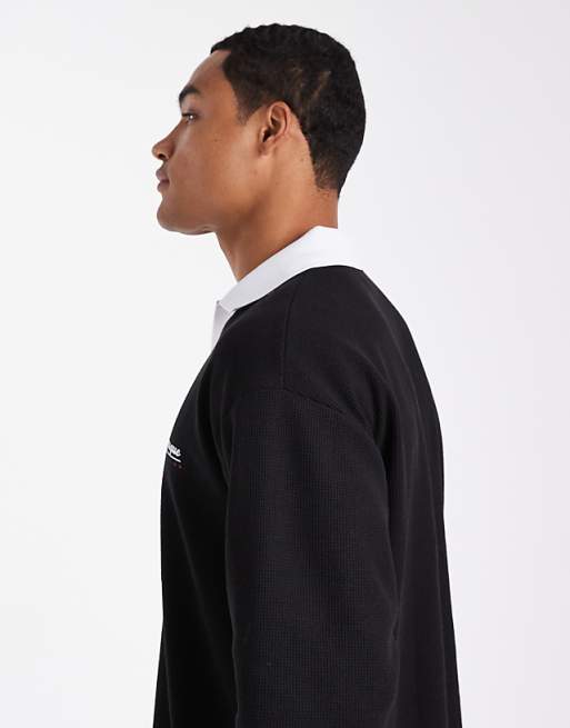 DESIGN Heavyweight Relaxed Long Sleeve Polo With Text Graphic In Black Waffle