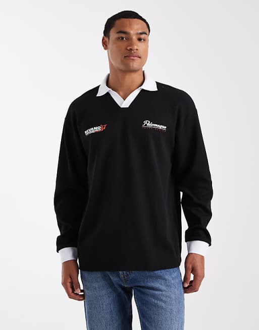 DESIGN heavyweight relaxed long sleeve polo with text graphic in black waffle