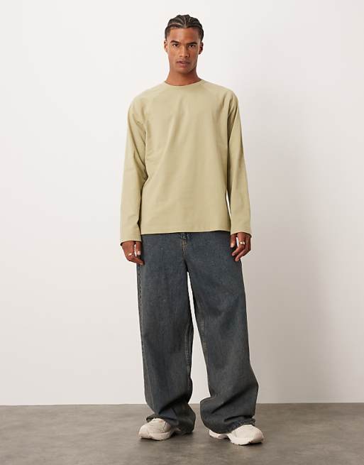 DESIGN Heavyweight Relaxed Long Sleeve Raglan T-shirt In Khaki
