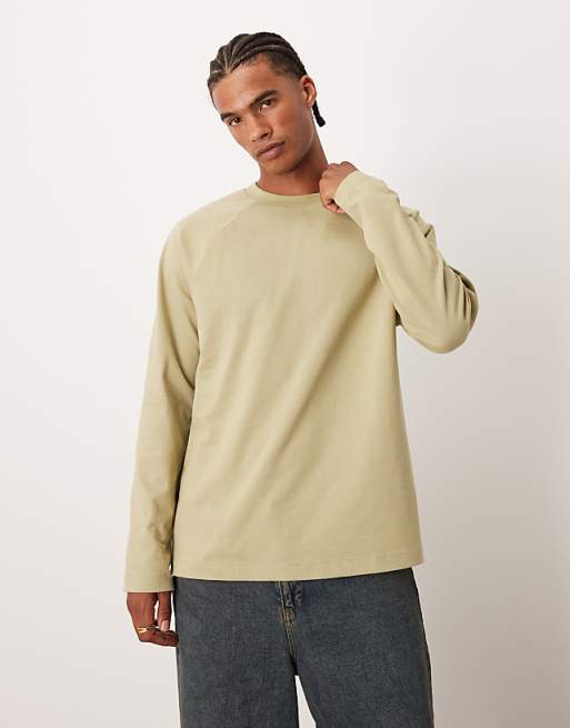 DESIGN heavyweight relaxed long sleeve raglan t-shirt in khaki