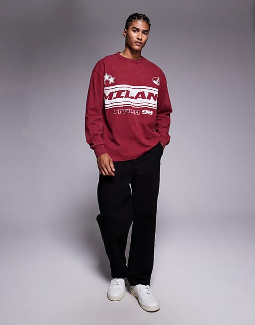 DESIGN Heavyweight Relaxed Long Sleeve T-shirt With Milano Sports Graphic In Washed Red