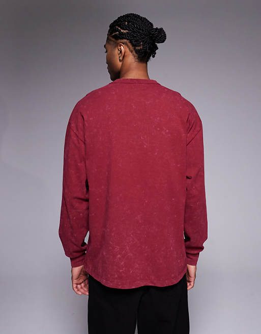 DESIGN Heavyweight Relaxed Long Sleeve T-shirt With Milano Sports Graphic In Washed Red