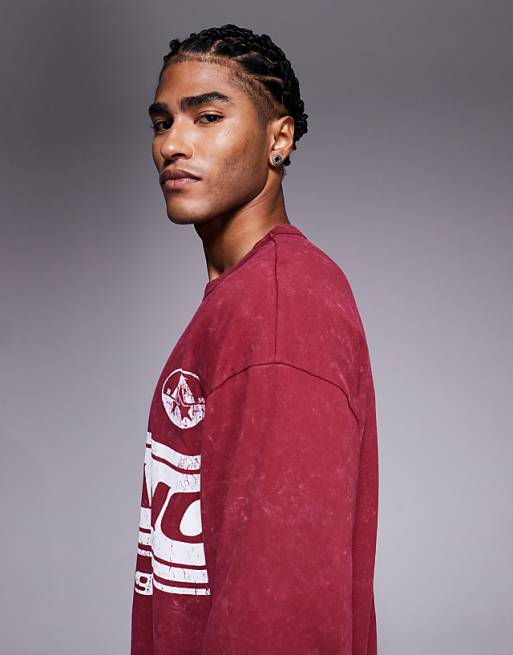 DESIGN Heavyweight Relaxed Long Sleeve T-shirt With Milano Sports Graphic In Washed Red