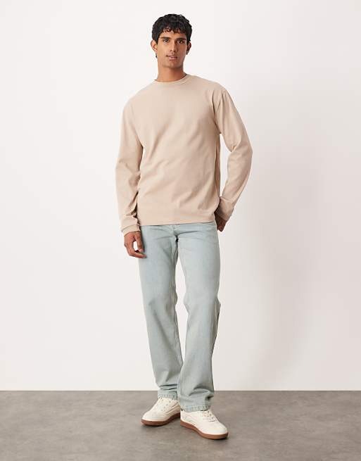 DESIGN Heavyweight Relaxed Long Sleeve T-shirt With Cuff In Beige