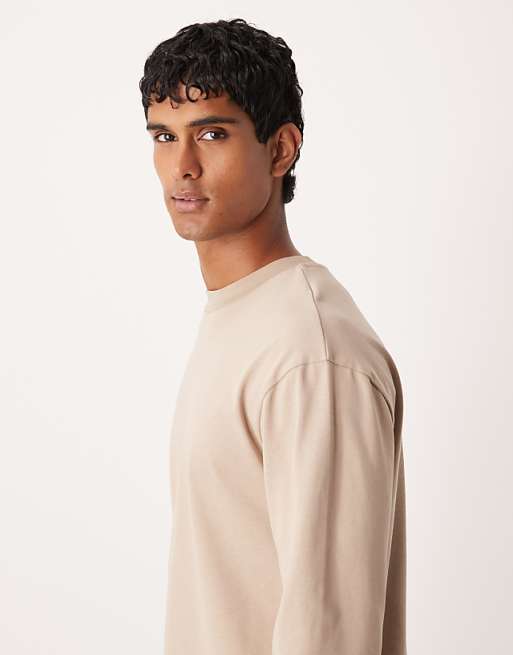 DESIGN Heavyweight Relaxed Long Sleeve T-shirt With Cuff In Beige