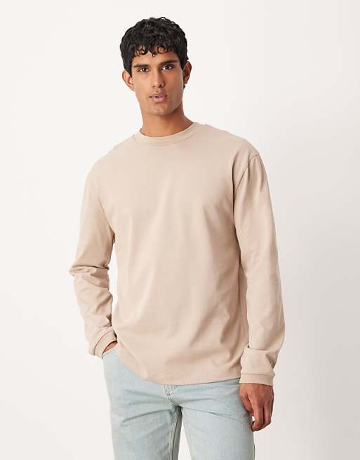DESIGN heavyweight relaxed long sleeve t-shirt with cuff in beige