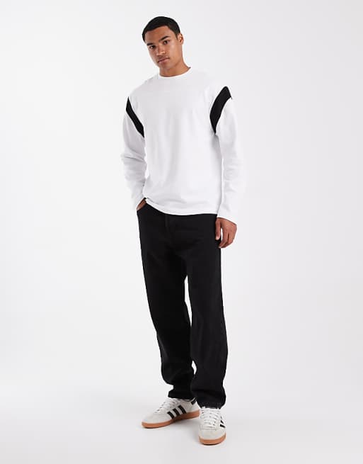 DESIGN Heavyweight Relaxed Long Sleeve T-shirt With Contrast Panel In White