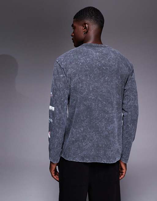 DESIGN Heavyweight Relaxed Long Sleeve T-shirt With Street Graphic In Washed Black