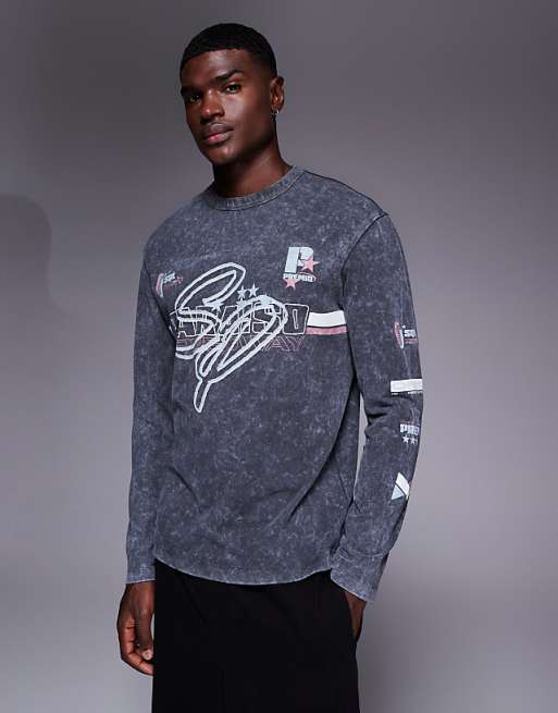 DESIGN heavyweight relaxed long sleeve t-shirt with street graphic in washed black