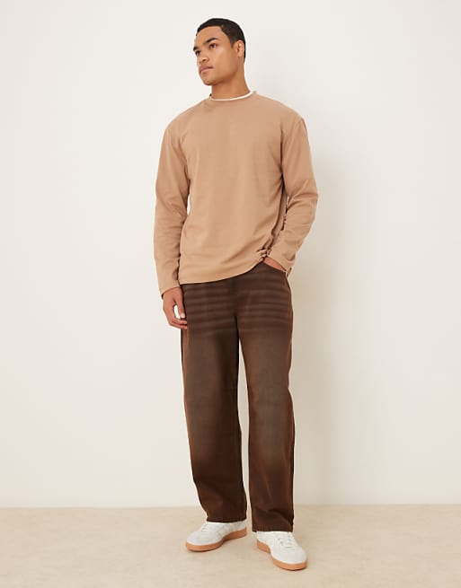 DESIGN Heavyweight Relaxed Long Sleeve T-shirt In Brown