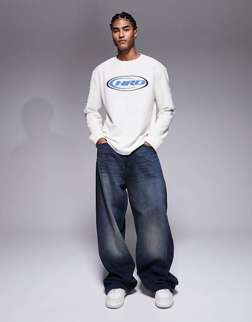 DESIGN Heavyweight Relaxed Long Sleeve T-shirt With Street Graphics In Cream Waffle
