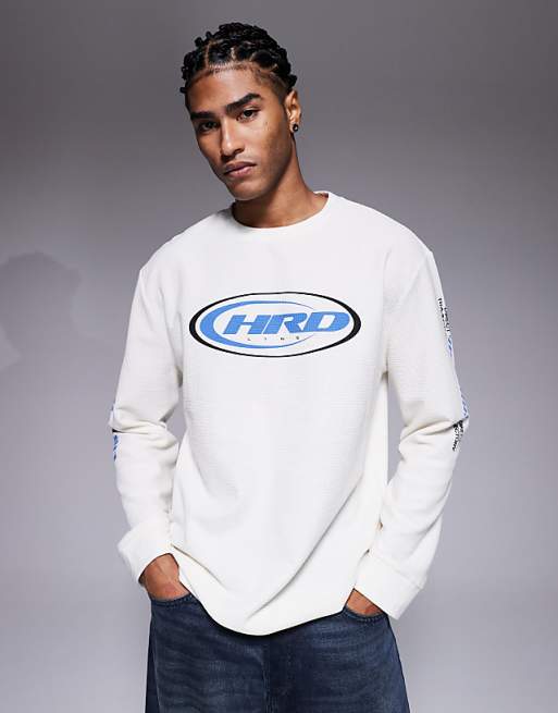 DESIGN heavyweight relaxed long sleeve t-shirt with street graphics in cream waffle