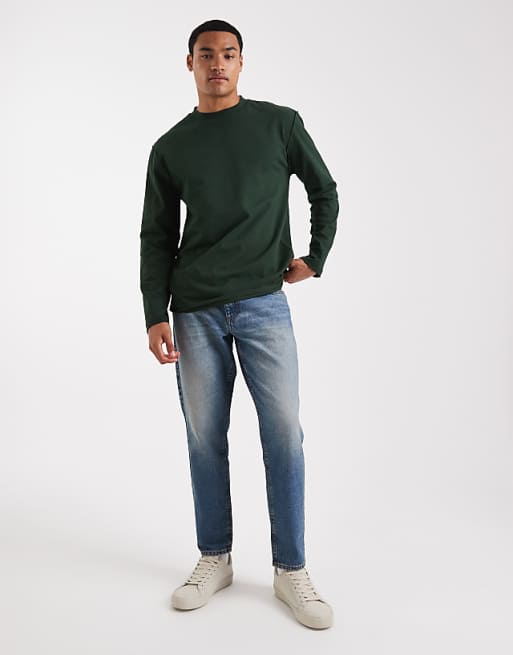 DESIGN Heavyweight Relaxed Long Sleeve T-shirt With Raw Hem In Dark Green