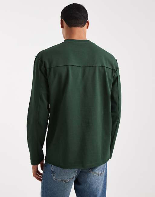 DESIGN Heavyweight Relaxed Long Sleeve T-shirt With Raw Hem In Dark Green