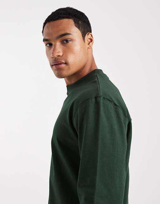 DESIGN Heavyweight Relaxed Long Sleeve T-shirt With Raw Hem In Dark Green