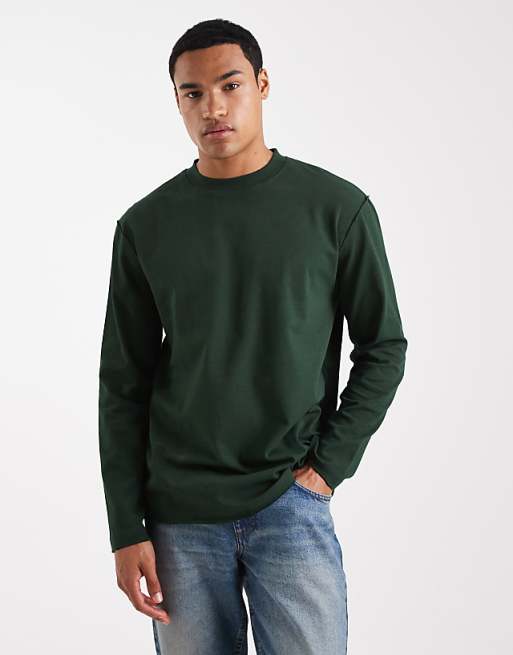 DESIGN heavyweight relaxed long sleeve t-shirt with raw hem in dark green