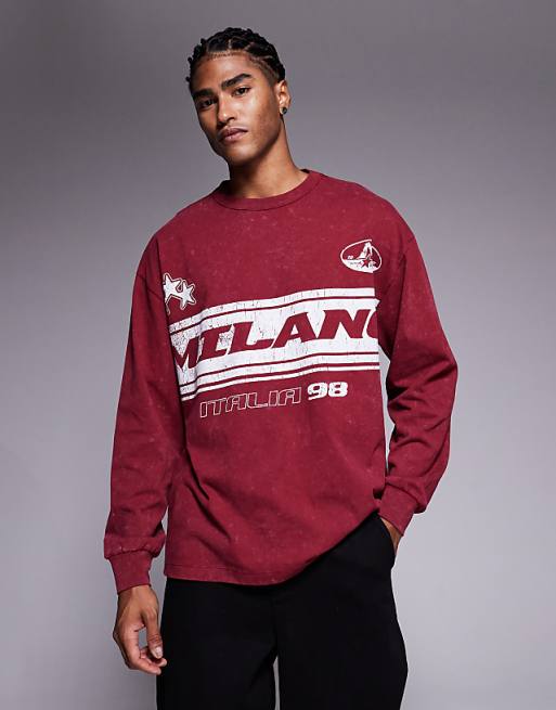 DESIGN heavyweight relaxed long sleeve t-shirt with Milano sports graphic in washed red