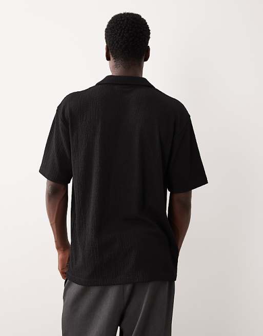 DESIGN Heavyweight Relaxed Polo In Black Crinkled Rib