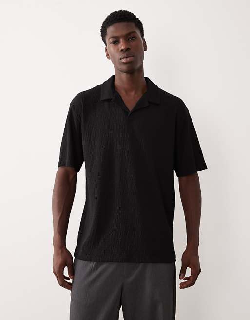 DESIGN heavyweight relaxed polo in black crinkled rib