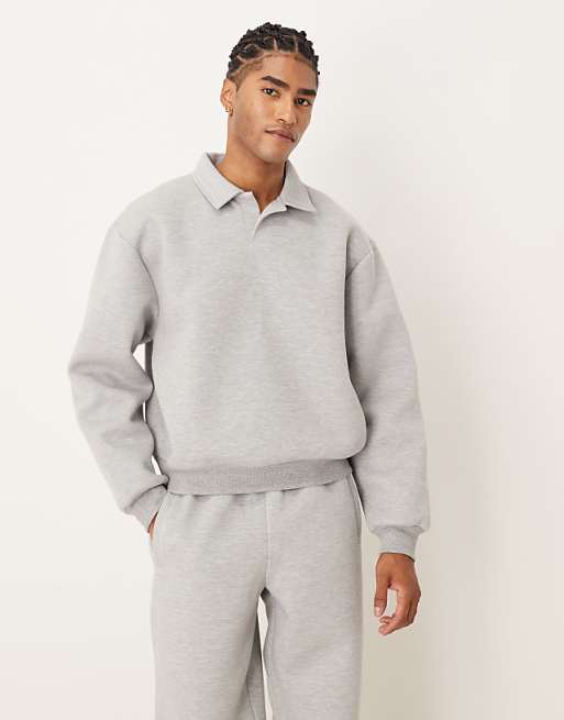 DESIGN heavyweight relaxed polo sweatshirt in scuba-style fabric in grey